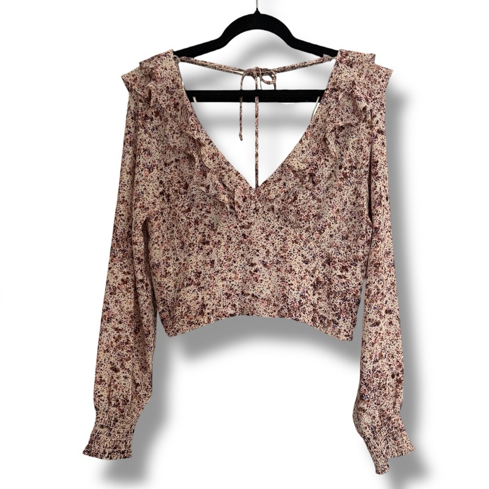 Open Edit | Open Back Ruffle V Neck Crop Top in Ivory Multi Flower Fields Print